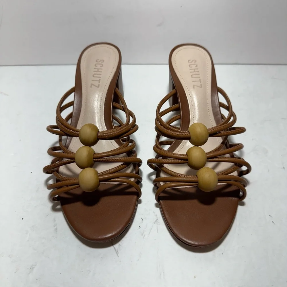 SCHUTZ Roanna Strappy Wood-Bead Brown Slide Block Heel Sandals Size 7.5 - Picture 4 of 14